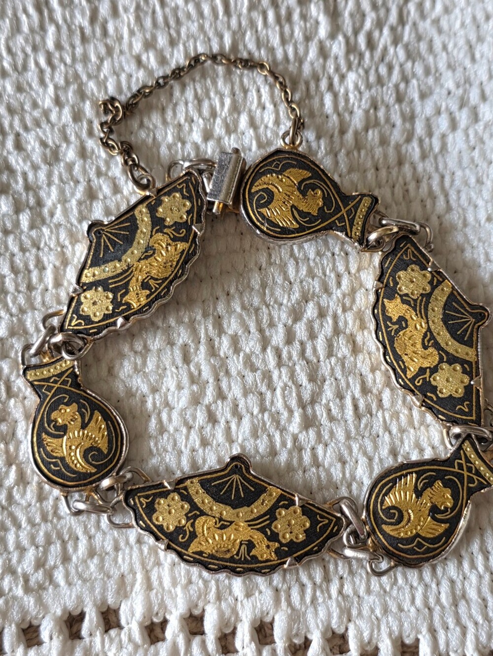 Vtg Mid Century Japanese Damascene Bird & Fan Link Bracelet with Safety Chain